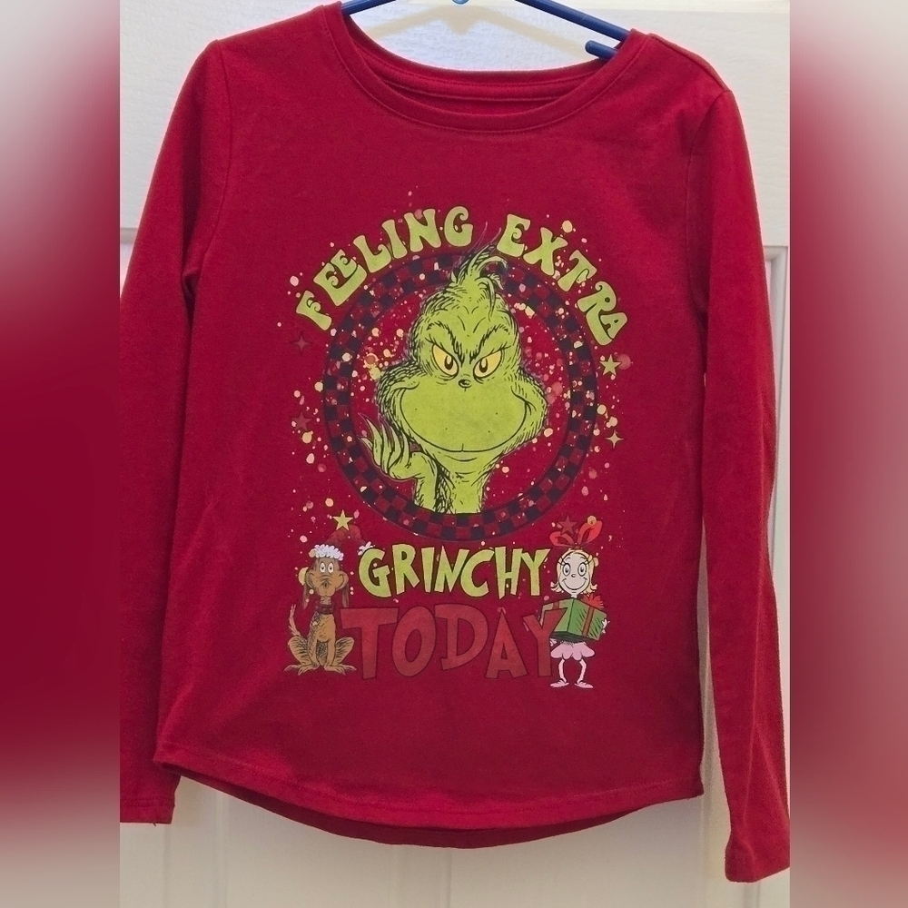 Girls red Grinch theme Christmas shirt long sleeve size 6/6X - Picture 1 of 3